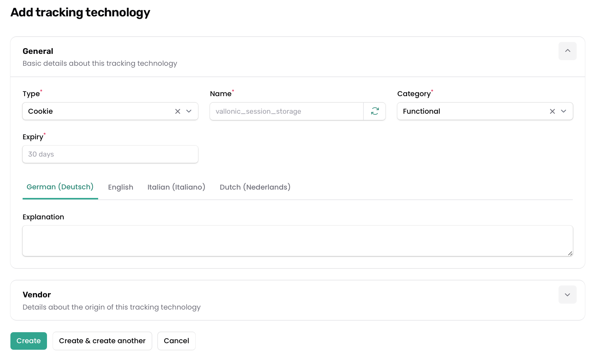 The form for adding a tracking technology