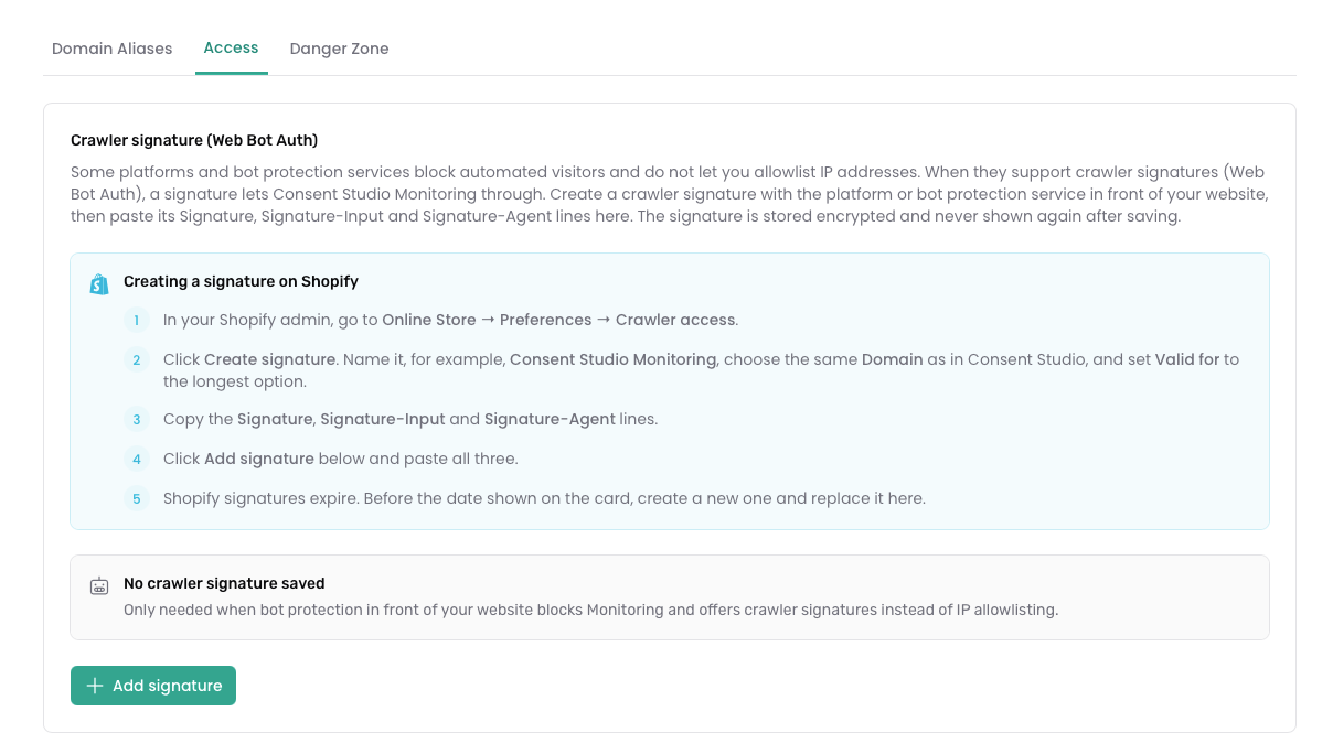 The Access tab in Domain Settings